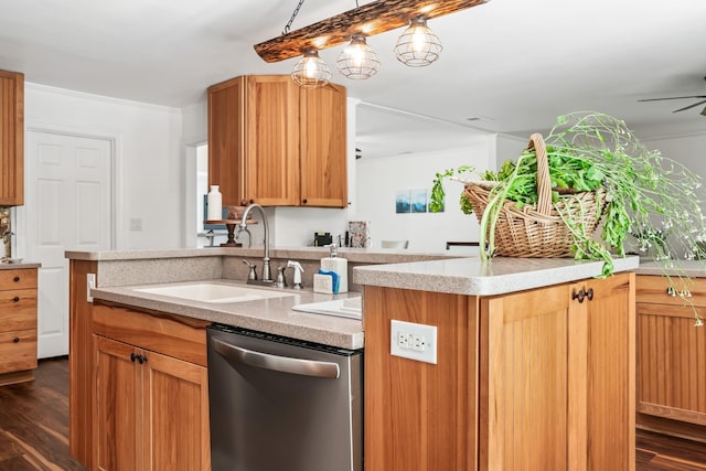 kitchen with dishwasher, a center island, sink, dark hardwood / wood-style floors, and ceiling fan