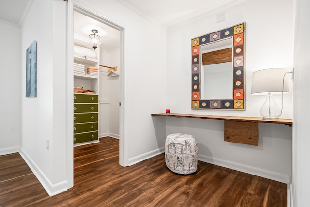 walk in closet with hardwood / wood-style flooring and built in desk