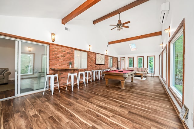 game room with beam ceiling, high vaulted ceiling, dark wood-type flooring, and pool table