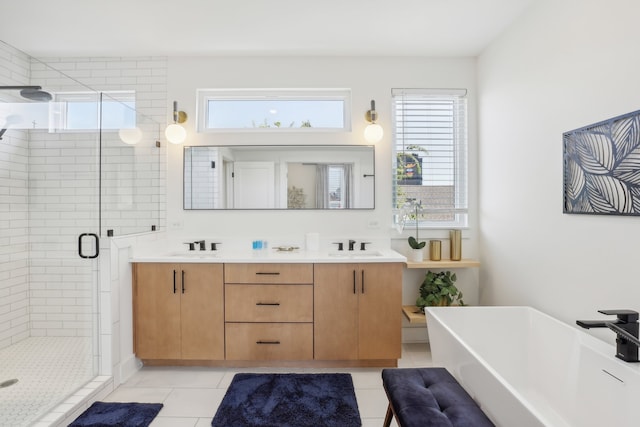 bathroom with vanity, separate shower and tub, and tile patterned flooring