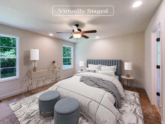 bedroom featuring carpet flooring and ceiling fan