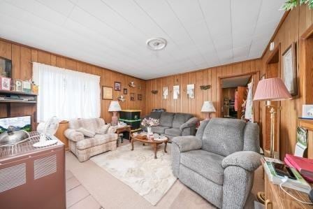 tiled living room with wooden walls