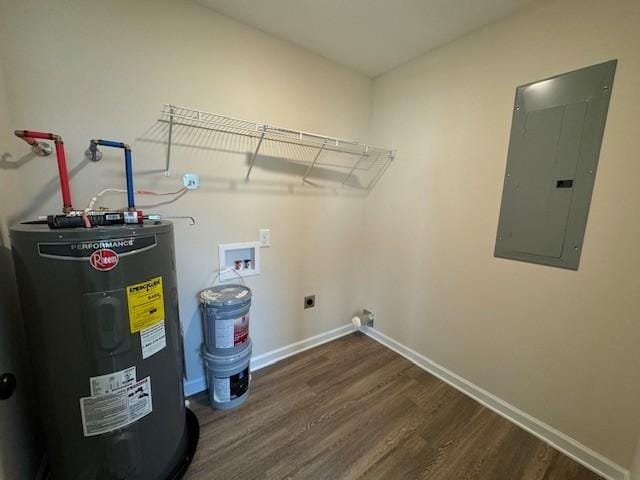 clothes washing area with electric dryer hookup, electric panel, dark hardwood / wood-style floors, washer hookup, and electric water heater