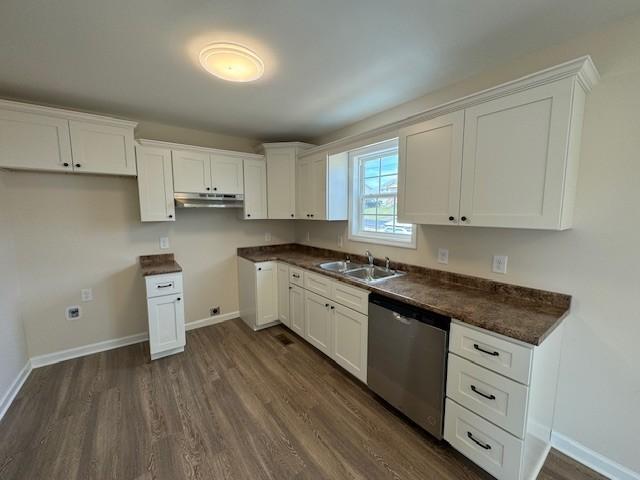 kitchen with sink, white cabinetry, stainless steel dishwasher, and dark hardwood / wood-style flooring