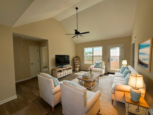 living room with vaulted ceiling, ceiling fan, and dark hardwood / wood-style flooring