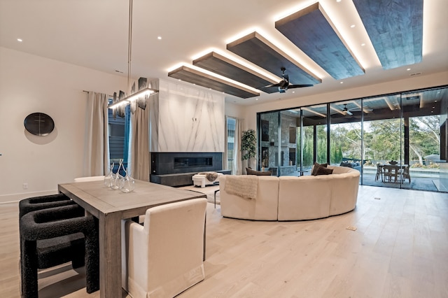 living room featuring ceiling fan and light hardwood / wood-style flooring