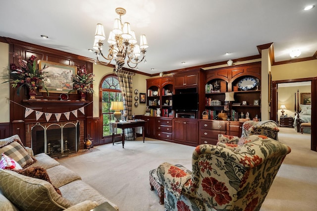 carpeted living room featuring a fireplace, a chandelier, and ornamental molding