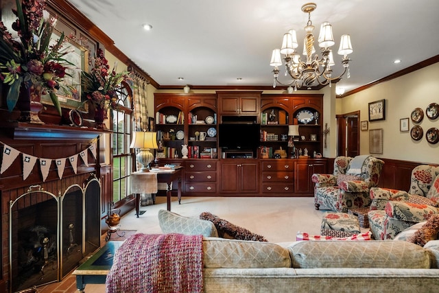 living room with a chandelier and crown molding