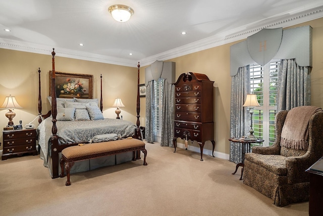 bedroom featuring light colored carpet and ornamental molding