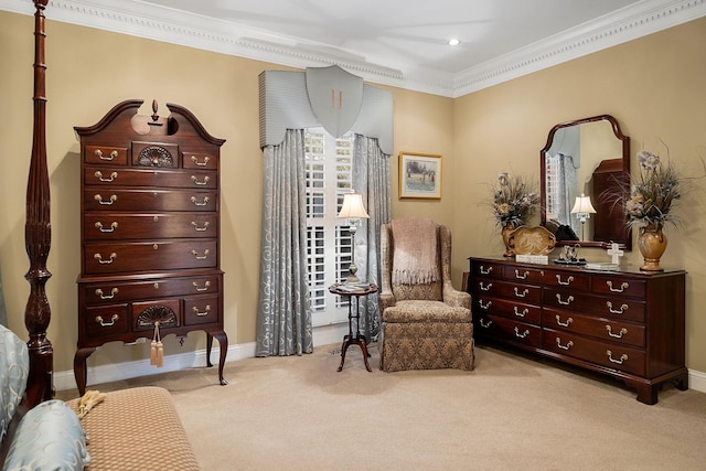 living area with light carpet and ornamental molding