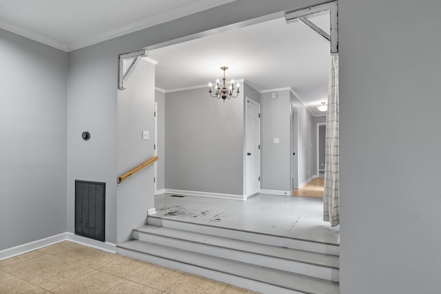 stairway featuring ornamental molding, a chandelier, and tile patterned floors