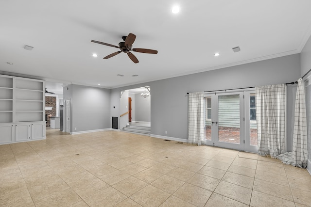 unfurnished living room with built in features, ceiling fan, light tile patterned flooring, and ornamental molding