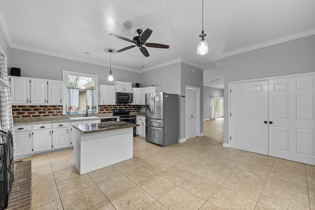 kitchen with stainless steel fridge with ice dispenser, white cabinetry, a kitchen island, and ceiling fan