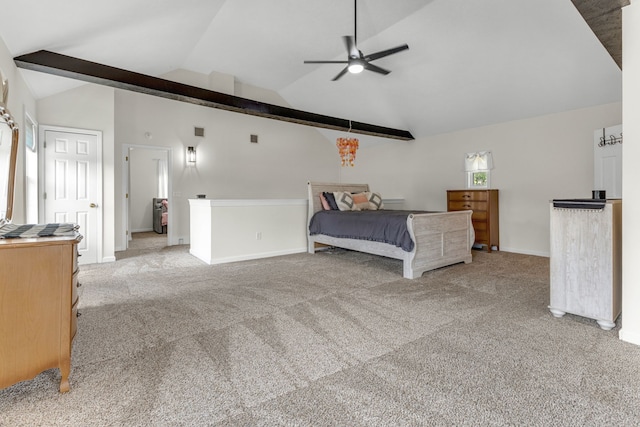 bedroom with lofted ceiling with beams, ceiling fan, and carpet flooring