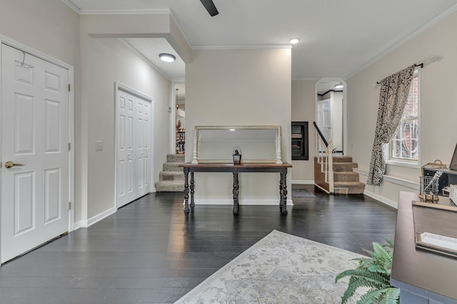 foyer entrance featuring ornamental molding and dark wood-type flooring