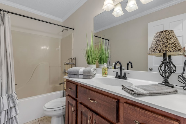 full bathroom with tile patterned flooring, shower / bathtub combination with curtain, crown molding, toilet, and vanity