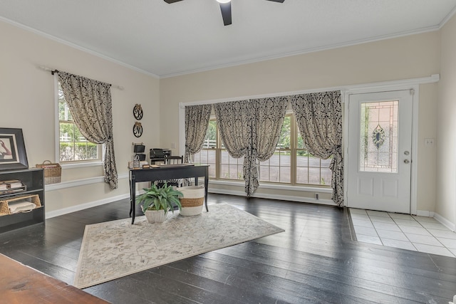 interior space featuring ornamental molding, plenty of natural light, ceiling fan, and hardwood / wood-style floors