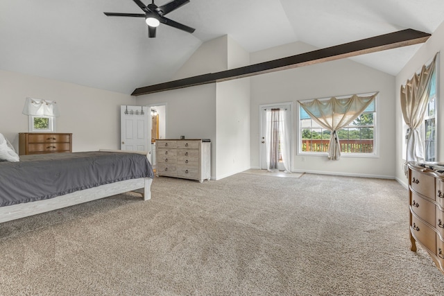 unfurnished bedroom featuring carpet floors, high vaulted ceiling, multiple windows, and ceiling fan