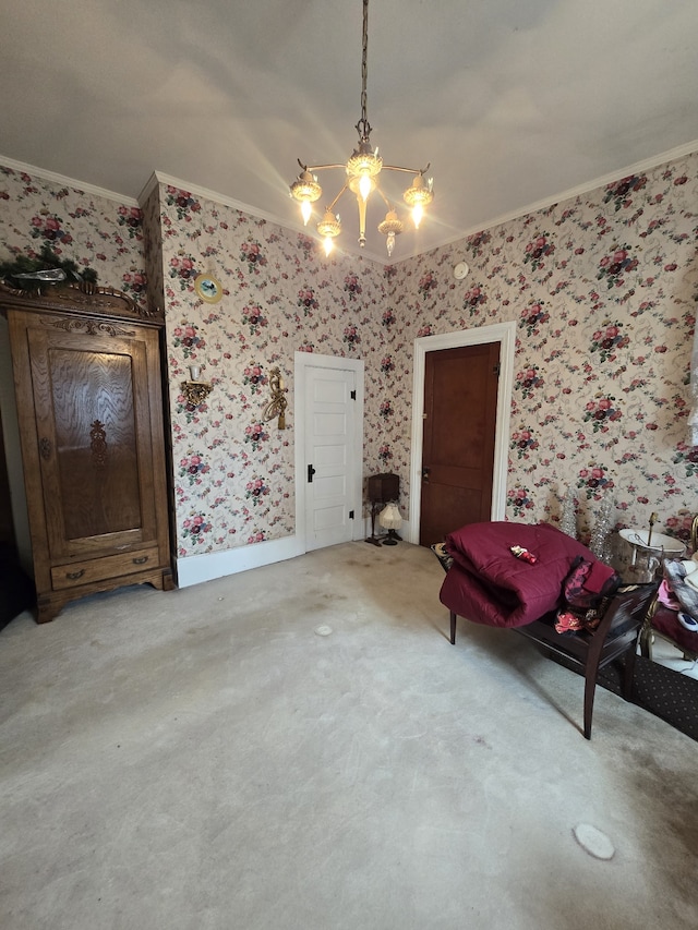 unfurnished room featuring a notable chandelier and ornamental molding