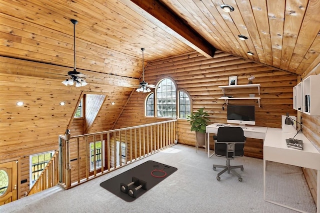 home office featuring ceiling fan, log walls, wooden ceiling, and light carpet