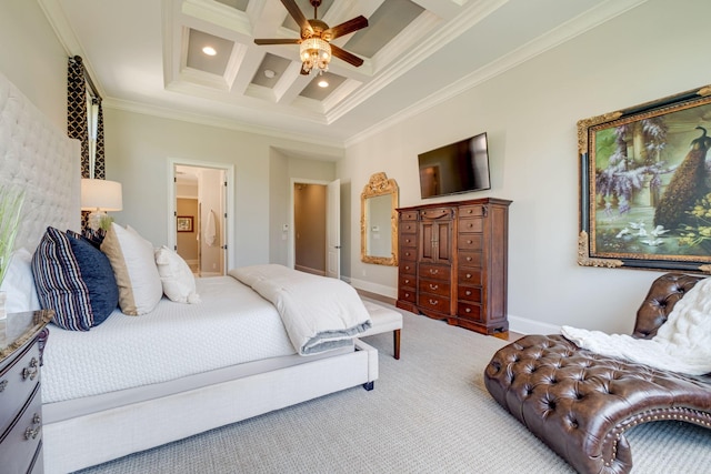 bedroom featuring beam ceiling, ceiling fan, crown molding, and coffered ceiling