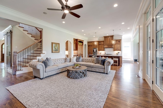 living room featuring ceiling fan, a barn door, dark hardwood / wood-style floors, and crown molding