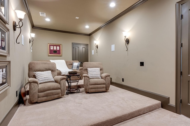 home theater featuring ornamental molding