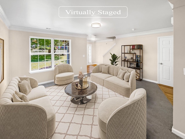 living room with crown molding