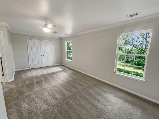 unfurnished bedroom featuring carpet, a closet, ceiling fan, and crown molding