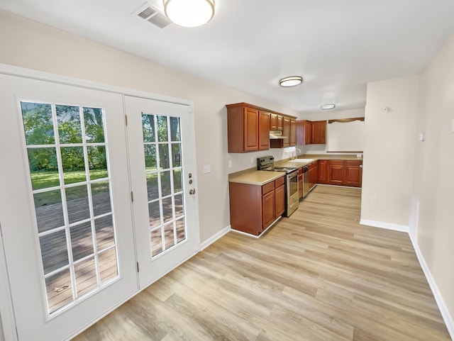 kitchen with electric range and light wood-type flooring