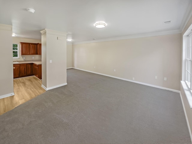 unfurnished living room featuring crown molding and carpet floors