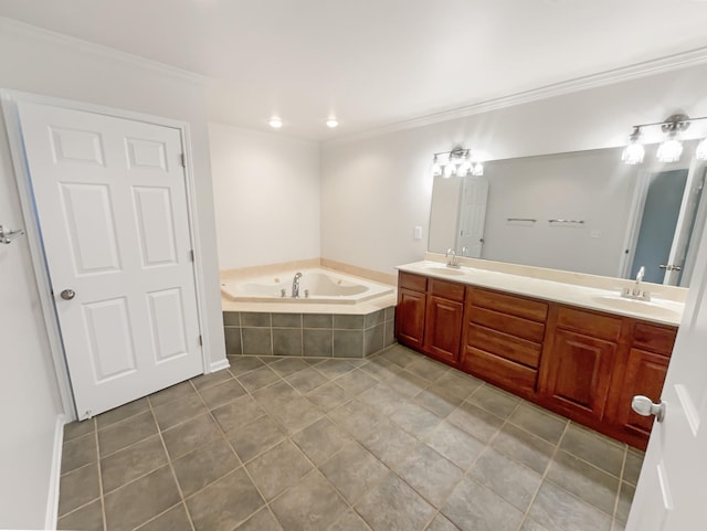 bathroom featuring vanity, tiled bath, tile patterned floors, and ornamental molding