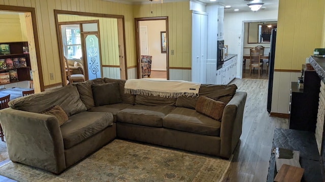 living room featuring wood walls and wood-type flooring