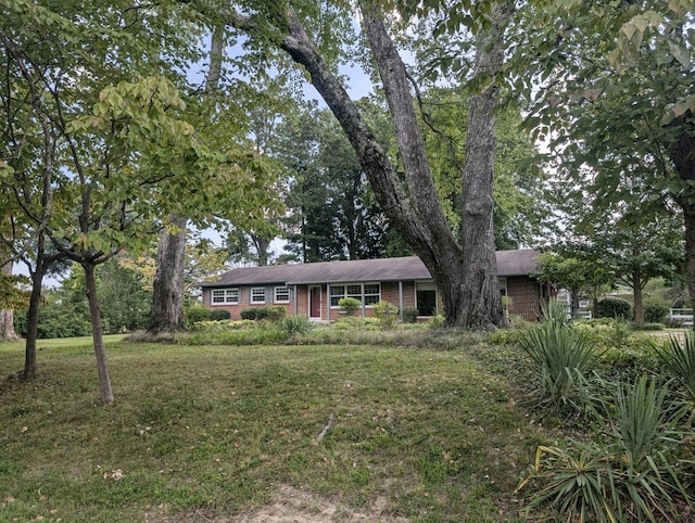 single story home featuring brick siding and a front yard