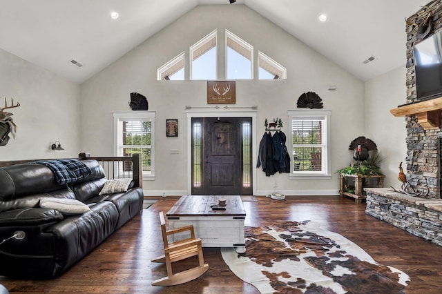 1033 Carter Rd SE, Old Fort, TN 37362 - living room with a healthy amount of sunlight, dark hardwood / wood-style flooring, high vaulted ceiling, and a stone fireplace