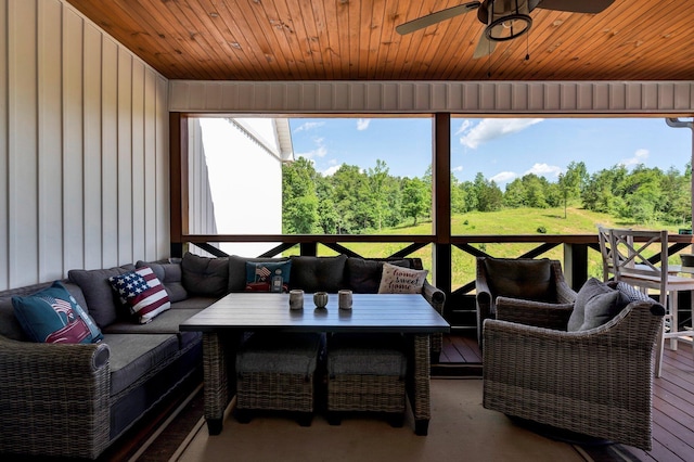 1033 Carter Rd SE, Old Fort, TN 37362 - sunroom featuring wood ceiling and ceiling fan