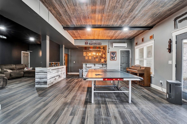 1033 Carter Rd SE, Old Fort, TN 37362 - playroom featuring beam ceiling, dark wood-type flooring, a wall mounted air conditioner, and wood ceiling