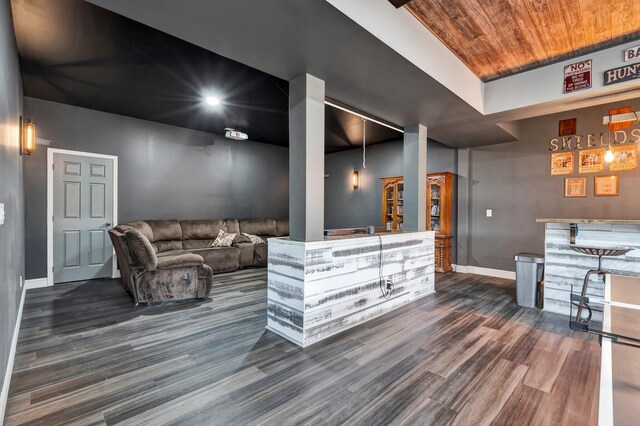 1033 Carter Rd SE, Old Fort, TN 37362 - living room featuring bar, wooden ceiling, and dark hardwood / wood-style floors