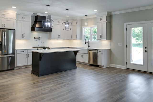 kitchen featuring custom exhaust hood, sink, white cabinetry, and stainless steel appliances