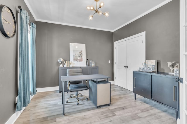 office with light hardwood / wood-style flooring, crown molding, and a notable chandelier