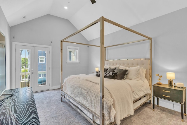 bedroom featuring vaulted ceiling, ceiling fan, french doors, access to outside, and light colored carpet