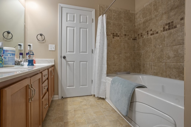 bathroom with shower / bath combo with shower curtain and vanity