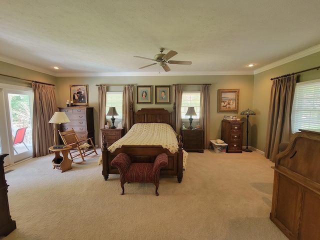 bedroom with crown molding, light colored carpet, access to exterior, and a textured ceiling