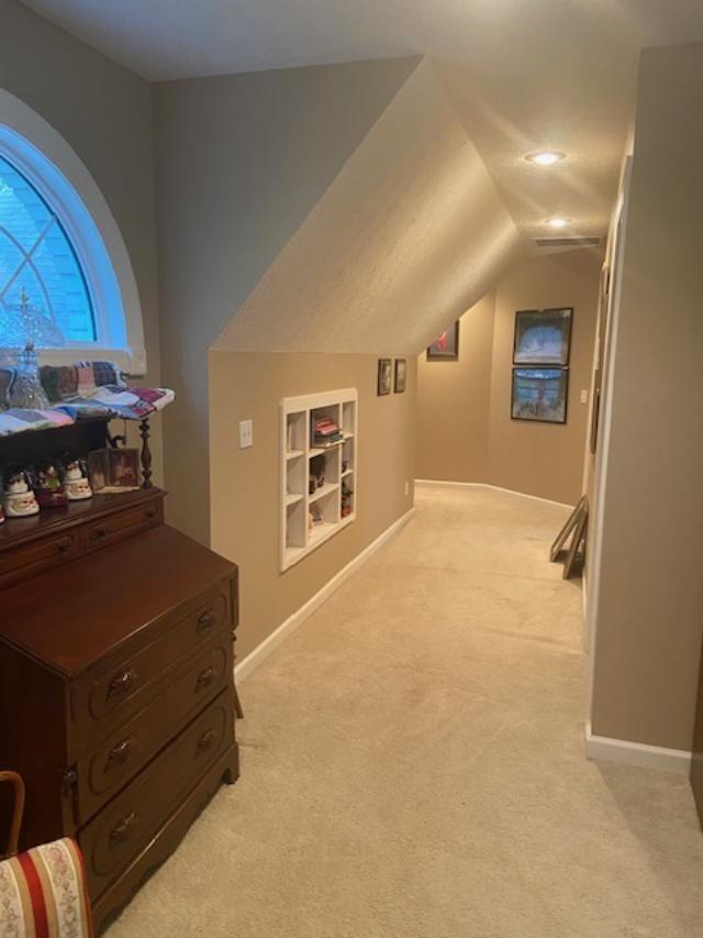 interior space featuring built in shelves, lofted ceiling, and light carpet