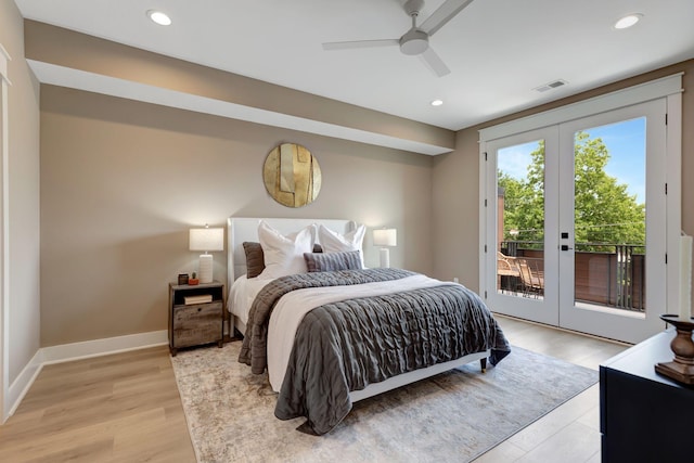 bedroom featuring light wood-type flooring, access to outside, ceiling fan, and french doors