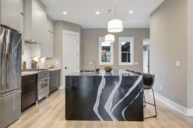 kitchen featuring sink, appliances with stainless steel finishes, backsplash, an island with sink, and decorative light fixtures