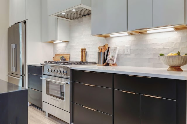 kitchen with wall chimney exhaust hood, high quality appliances, tasteful backsplash, and light wood-type flooring