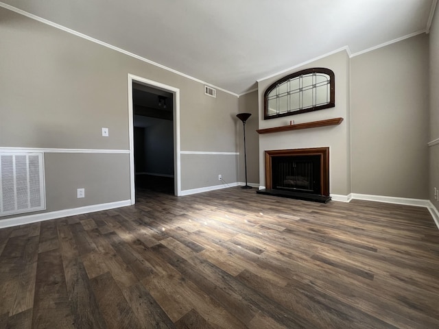 unfurnished living room with dark hardwood / wood-style flooring and crown molding