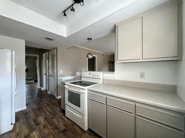 kitchen featuring pendant lighting, white appliances, rail lighting, and dark wood-type flooring