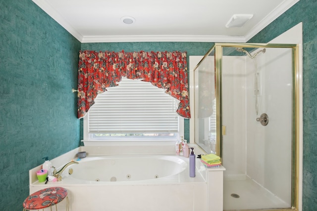 bathroom with crown molding and shower with separate bathtub